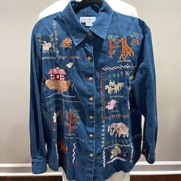 Casey Coleman Tops - Casey Coleman Denim Shirt Embroidered Noahs Ark Women's M/L Cotton Cottagecore